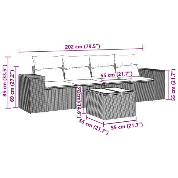 vidaXL 5-osaline aiam&ouml;&ouml;blikomplekt patjadega, helehall, pol&uuml;rotang