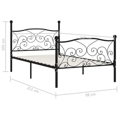 vidaXL liistudest põhjaga voodiraam, must, metall, 90 x 200 cm