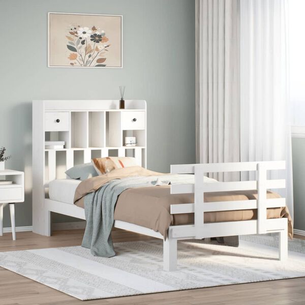 vidaXL riiuliga voodiraam ilma madratsita, valge, 90x190 cm, m&auml;nnipuit