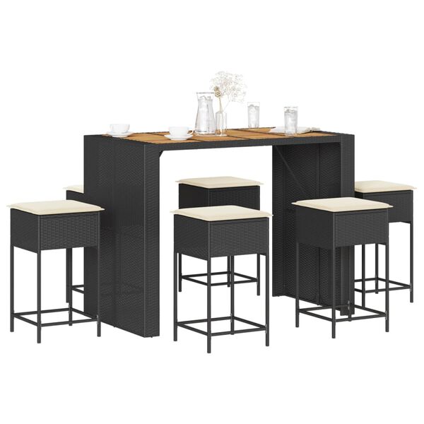 vidaXL 7-osaline aia baarikomplekt istmepatjadega, must, pol&uuml;rotang