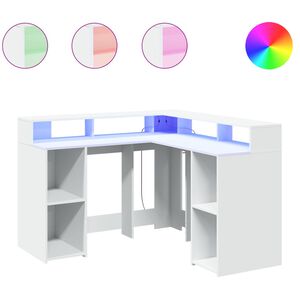 vidaXL kirjutuslaud LED-tuledega, valge, 130 x 130 x 91 cm, tehispuit