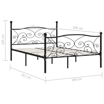 vidaXL liistudest põhjaga voodiraam, must, metall, 160 x 200 cm