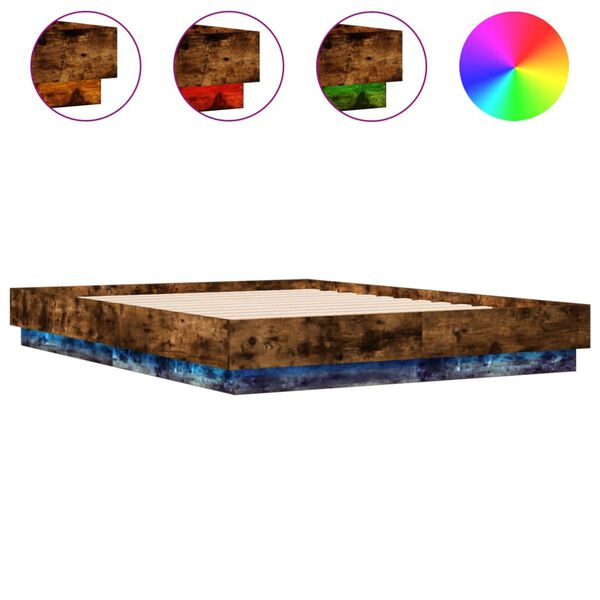 vidaXL voodiraam LED-tuledega, suitsutatud tamm, 140 x 190 cm