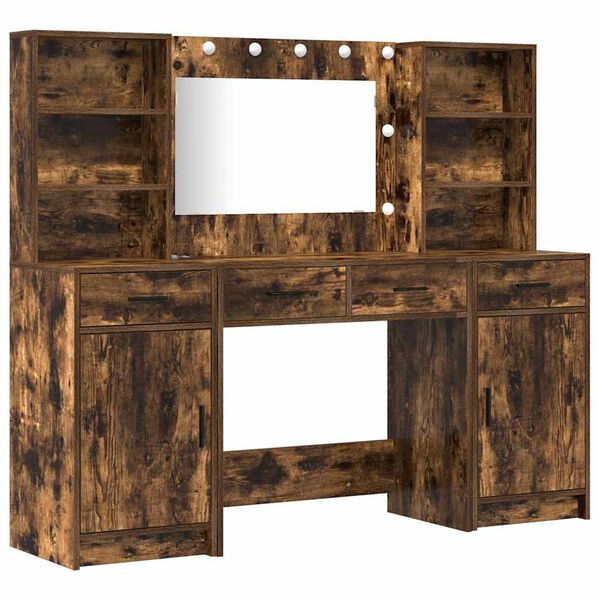 vidaXL Riietuslaud komplekt LED-valgusega 3 pcs Suitsetatud tamm