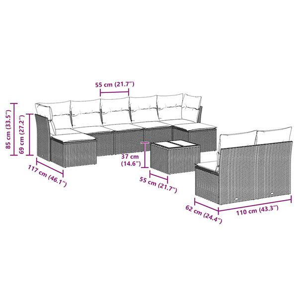vidaXL 10-osaline aiadiivani komplekt patjadega, helehall, pol&uuml;rotang