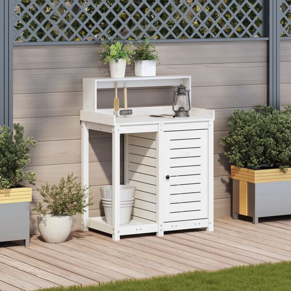 vidaXL riiulitega istutuslaud, valge, 82,5 x 50 x 109,5 cm, männipuit