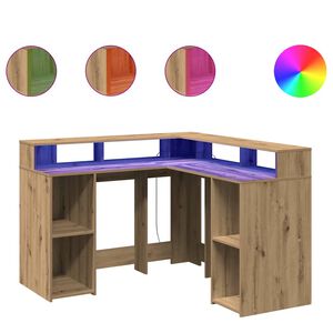 vidaXL kirjutuslaud LED-tuledega, k&auml;sit&ouml;&ouml;tamm, 130x130x91cm, tehispuit