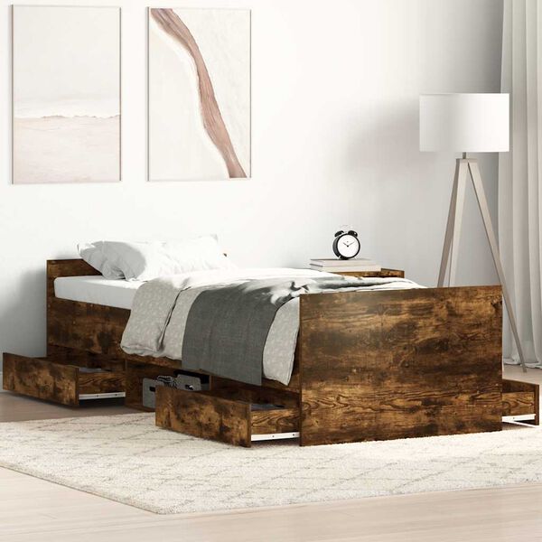 vidaXL peatsi ja jalutsiga voodiraam, suitsutatud tamm, 90x190 cm