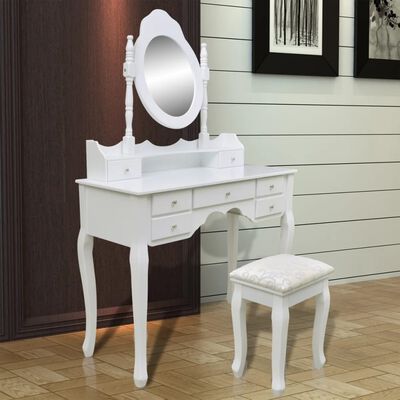 vidaXL peegli ja pingiga tualettlaud, 7 sahtlit, valge