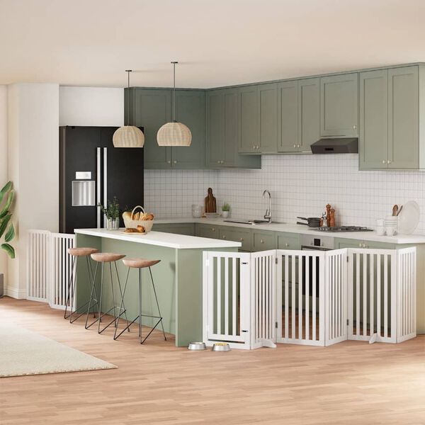 vidaXL kokkupandav koerav&auml;rav uksega, 9 paneeli, valge 450 cm, pappel