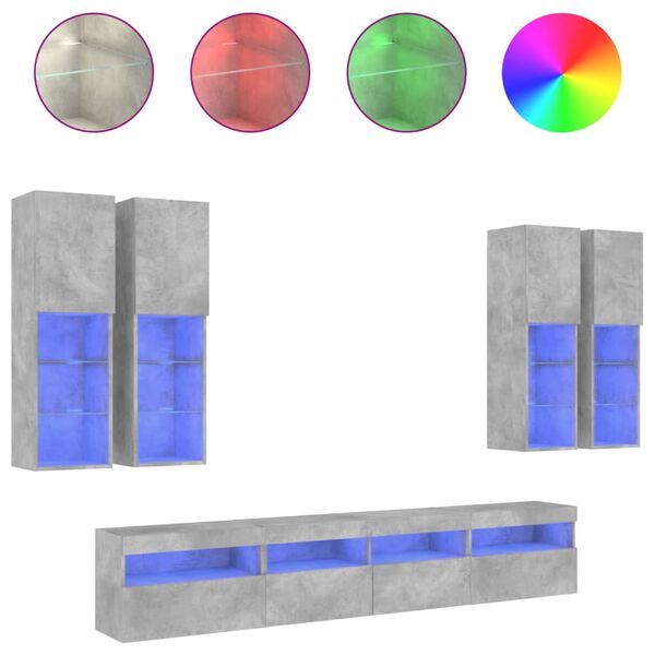 vidaXL 7-osaline teleri seinakappide komplekt LED-tuledega, betoonhall