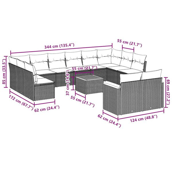 vidaXL 13-osaline aiadiivani komplekt patjadega, must, pol&uuml;rotang