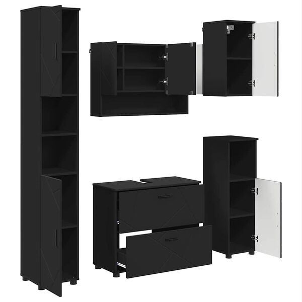 vidaXL Vannitoa m&ouml;&ouml;bleset sahtliga 5 pcs Must T&ouml;&ouml;deldud puit ja metall