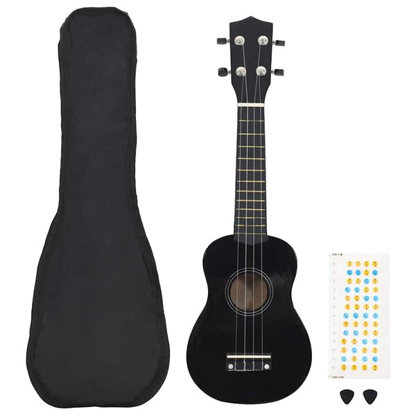 vidaXL sopran ukulele komplekt kotiga lastele must 21"