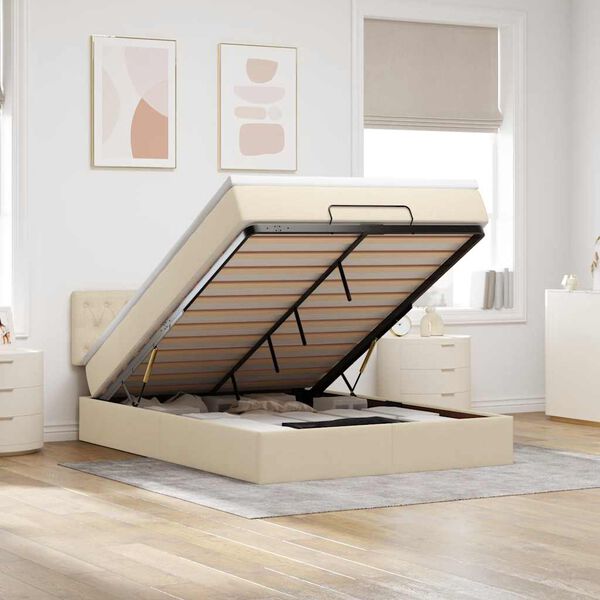 vidaXL ottomani voodi madratsita ja LED, kreemjas, 140x190 cm, kangas