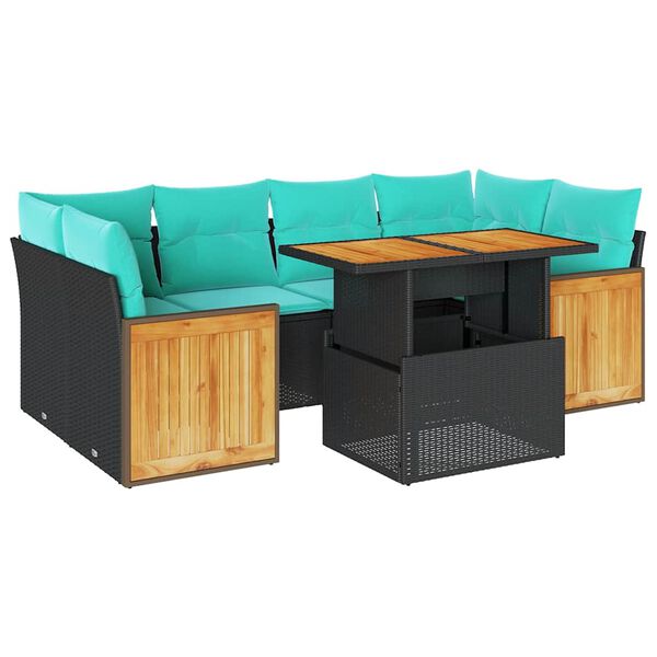 vidaXL 7-osaline aiadiivani komplekt patjadega, must, rotang/akaatsia