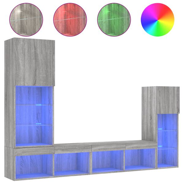 vidaXL 4-osaline telerikappide komplekt LED-tuledega, hall Sonoma tamm