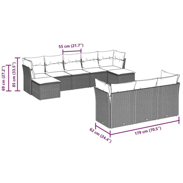 vidaXL 10-osaline aiadiivani komplekt patjadega, helehall, pol&uuml;rotang