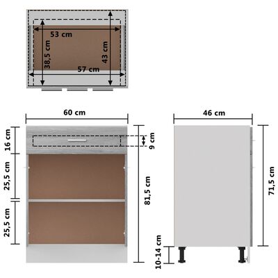 vidaXL alumine köögikapp sahtliga, hall Sonoma tamm, 60x46x81,5 cm