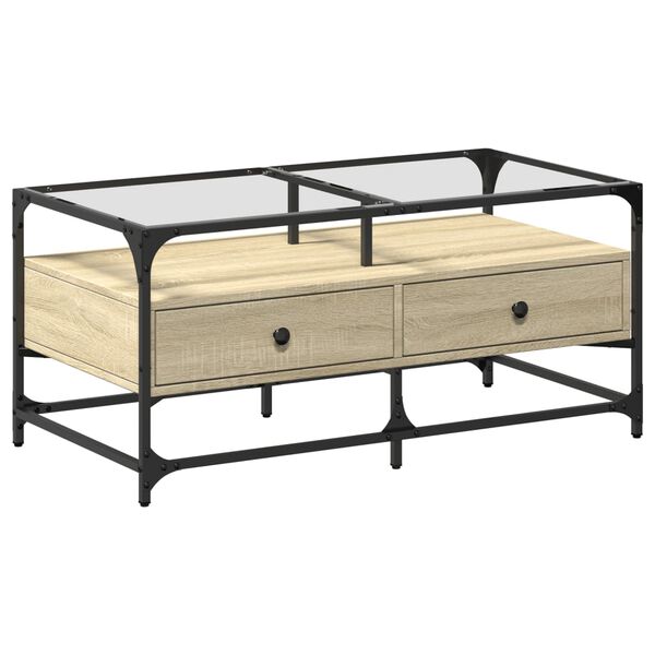 vidaXL kohvilaud klaasplaadiga, Sonoma tamm, 98,5x50x45 cm, teras
