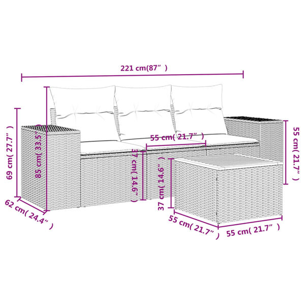 vidaXL 4-osaline aiam&ouml;&ouml;bli komplekt patjadega, hall, pol&uuml;rotang