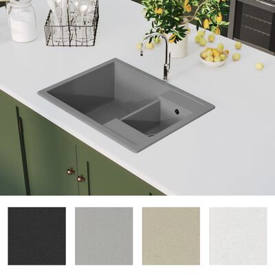 vidaXL köögivalamu ülevooluavaga, kaks kraanikaussi, hall, graniit