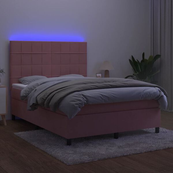 vidaXL kontinentaalvoodi madrats, LED, roosa, 140x190 cm, samet