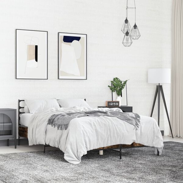 vidaXL voodiraam, suitsutatud tamm, 135 x 190 cm, tehispuit ja metall