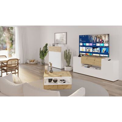 FMD TV/Hi-Fi kapp, 182 x 33 x 70,2 cm, valge ja käsitöötamm