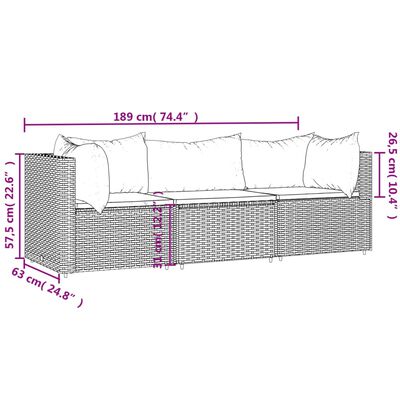 vidaXL 3-osaline aiamööbli komplekt patjadega, hall, polürotang