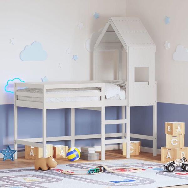 vidaXL k&otilde;rge voodi redeli ja katusega, valge, 90 x 190 cm, m&auml;nnipuit