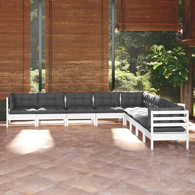 vidaXL9-osaline aiamööbli komplekt istmepatjadega, valge, männipuit