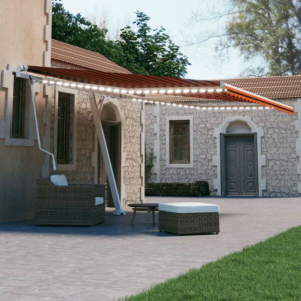 vidaXL automaatne varikatus LEDi, tuuleanduriga 450x300 cm oranž/pruun