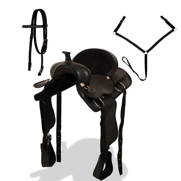 vidaXL vesternsadul, valjad ja rinnarihm, nahast 40,6 cm, must