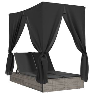 vidaXL kahekohaline päevitustool katuse ja kardinatega, hall, rotang