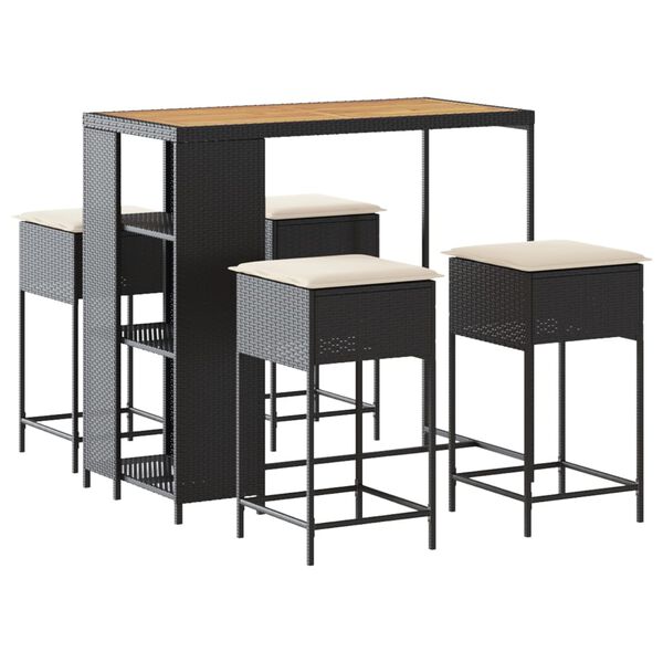 vidaXL 5-osaline aia baarikomplekt istmepatjadega, must, pol&uuml;rotang