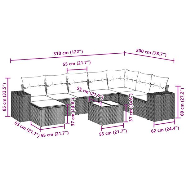 vidaXL 9-osaline aiadiivani komplekt patjadega, must, pol&uuml;rotang