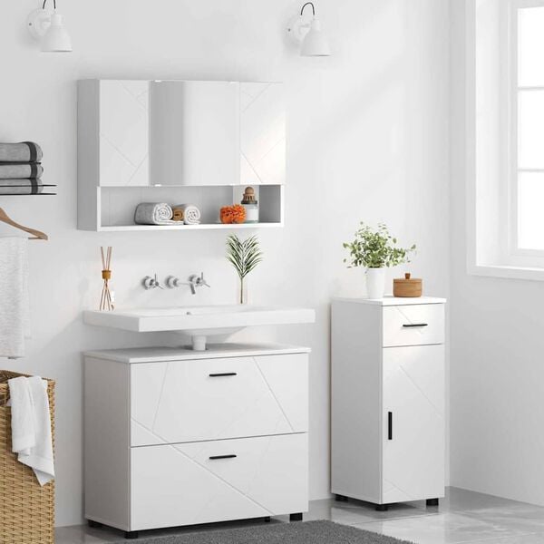 vidaXL Vannitoa m&ouml;&ouml;bleset uksega 3 pcs Valge T&ouml;&ouml;deldud puit ja metall