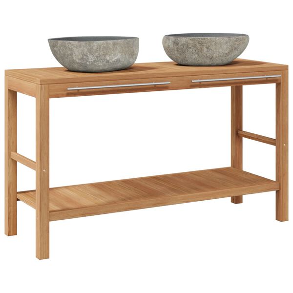 vidaXL tugevast tiikpuust vannitoakapp jõekivist valamutega