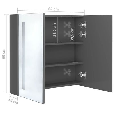 vidaXL LED vannitoa peegelkapp, läikega hall, 62 x 14 x 60 cm