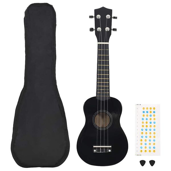 vidaXL sopran ukulele komplekt kotiga lastele must 23"