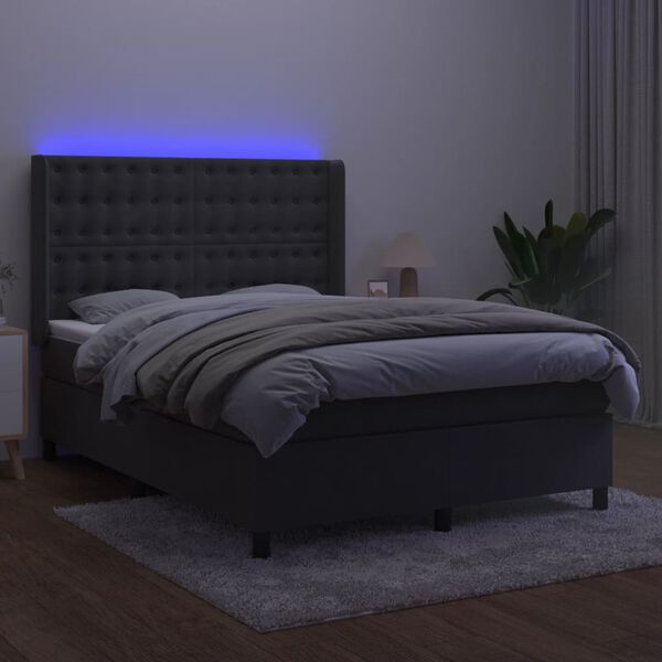 vidaXL kontinentaalvoodi madrats ja LED, tumehall, 140x190 cm, samet