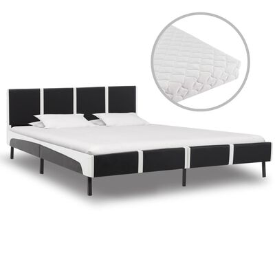 vidaXL voodi madratsiga, must ja valge, kunstnahast 180 x 200 cm