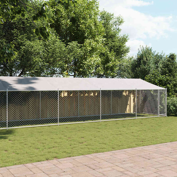 vidaXL koeraaedik, katuse ja uksega, hall, 12x2x2 m, tsingitud teras