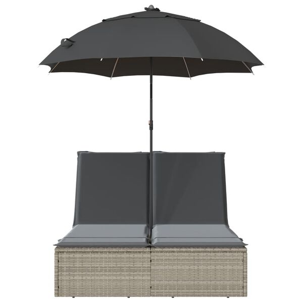 vidaXL kahekohaline päevitustool patjade/varjuga, helehall, polürotang