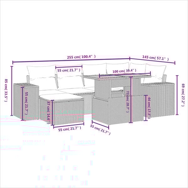 vidaXL 7-osaline aiadiivani komplekt patjadega, hall, pol&uuml;rotang