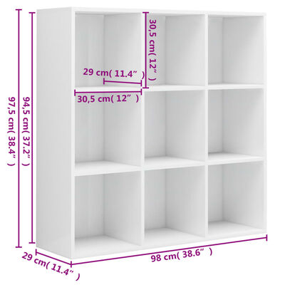 vidaXL raamaturiiul, kõrgläikega valge 98 x 29 x 97,5 cm tehispuit