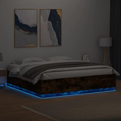 vidaXL voodiraam LED-tuledega, suitsutatud tamm, 200x200 cm, tehispuit