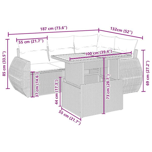 vidaXL 5-osaline aiadiivani komplekt patjadega, beež, pol&uuml;rotang