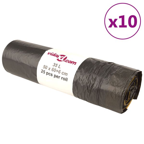 vidaXL pingutusnööridega prügikotid 250 tk, must, 35 l